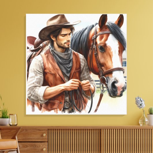 Westerne Cowboy en Horse Stretched Canvas (Insitu (Woonkamer))