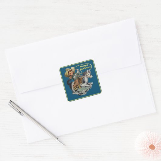  Westerne Cowboy Kind Horse Rope Birthday Vierkante Sticker (Envelop)