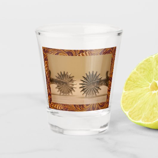 Westerne cowboy Spurs Faux Leather Trim Shot Glas (Voorkant)