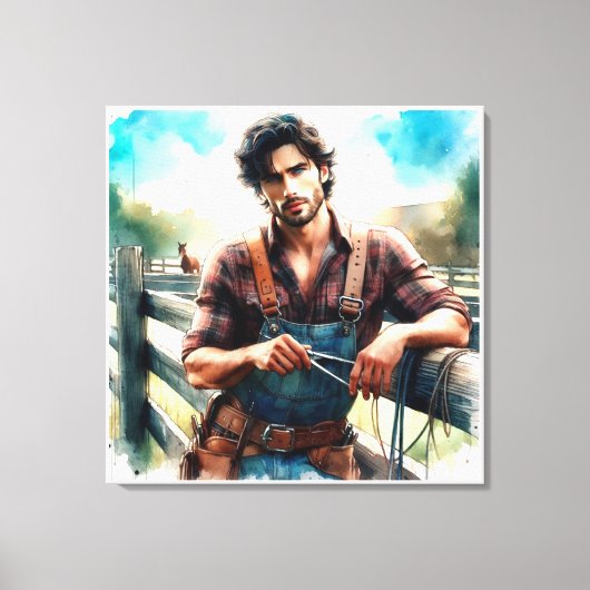 Westerne Cowboy Waterverf Uitgerekt Canvas Print (Voorkant)