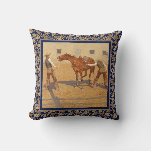  Westerne cowboys en paardenblauw Kussen (Voorkant)