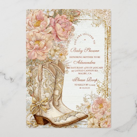 Westerne Cowgirl Boots Floral Baby shower Folie Uitnodiging (Voorkant)