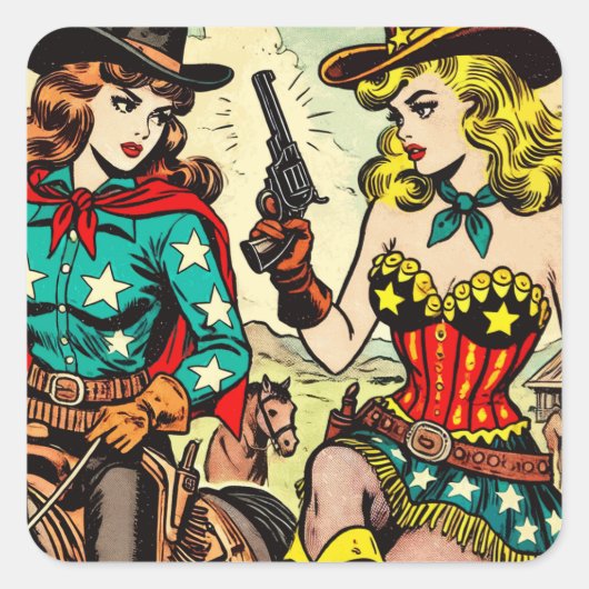  Westerne Cowgirl Comics Vierkante Sticker (Voorkant)