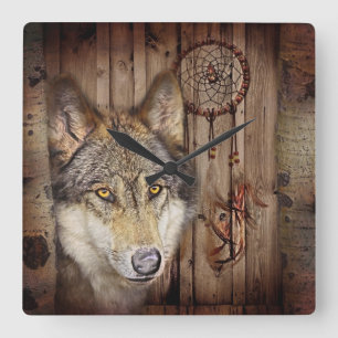 Westerne droomvanger amerikaanse indianenwolf vierkante klok