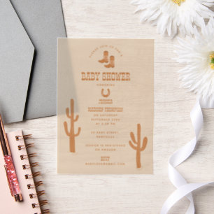 Westerne Earth Tone Country Baby-laarzen Douche Vellum Uitnodigingen