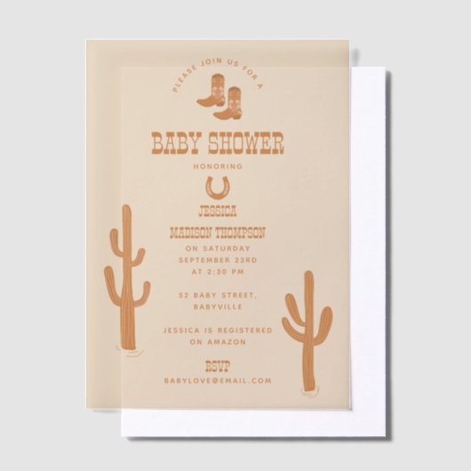 Westerne Earth Tone Country Baby-laarzen Douche Vellum Uitnodigingen (Offset)