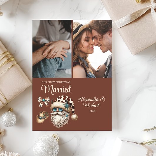 Westerne eerste kerst getrouwd 2 foto feestdagenkaart