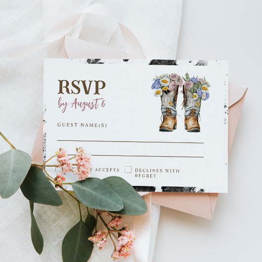 Westerne en landbloemen boots Rustic Wedding RSVP Kaartje