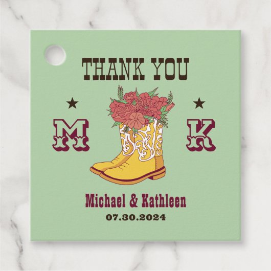 Westerne Floral Cowboy Boot Monogram Rustic Weddin Bedankjes Labels (Voorkant)