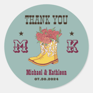 Westerne Floral Cowboy Boot Monogram Rustic Weddin Ronde Sticker