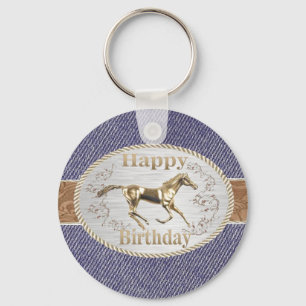 Westerne gordel en sluiting op Denim Happy Birthda Sleutelhanger