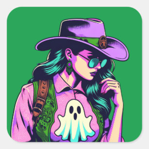 Westerne Halloween Cowgirl Ghost Pop Art Stickers