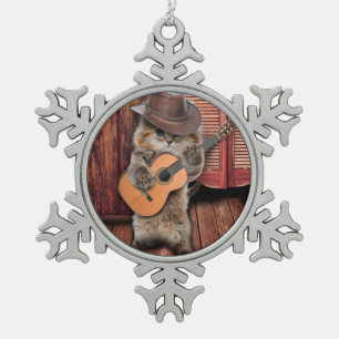 Westerne Kat cowboy musicus met gitaar Tin Sneeuwvlok Ornament