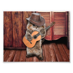 Westerne Kat-cowboymuzikant met gitaar Foto Afdruk