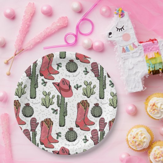 Westerne Kerst Cowgirl Laarzen Howdy Christmas Papieren Bordje (Feest)