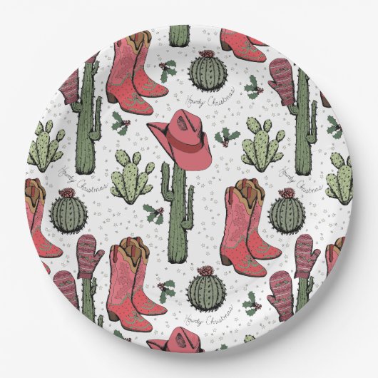 Westerne Kerst Cowgirl Laarzen Howdy Christmas Papieren Bordje (Voorkant)