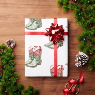 Westerne Kerst Groene Rode Cowboy Cowgirl Laarzen Cadeaupapier