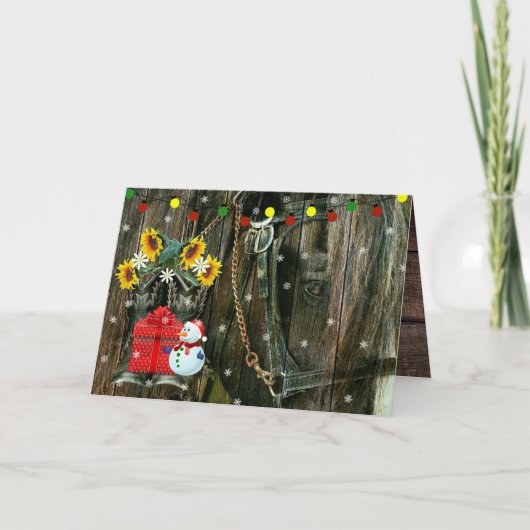 Westerne kerstbeker die de Snowman en het Paard va Feestdagen Kaart (Voorkant)