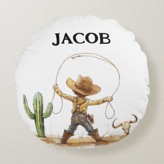 Westerne kinderkamer decor, gepersonaliseerde cowb rond kussen (Voorkant)
