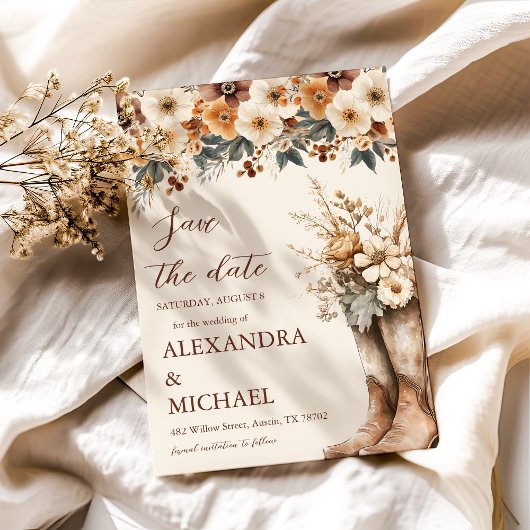 Westerne Laarzen Bloemen Terracotta Huwelijk Save The Date