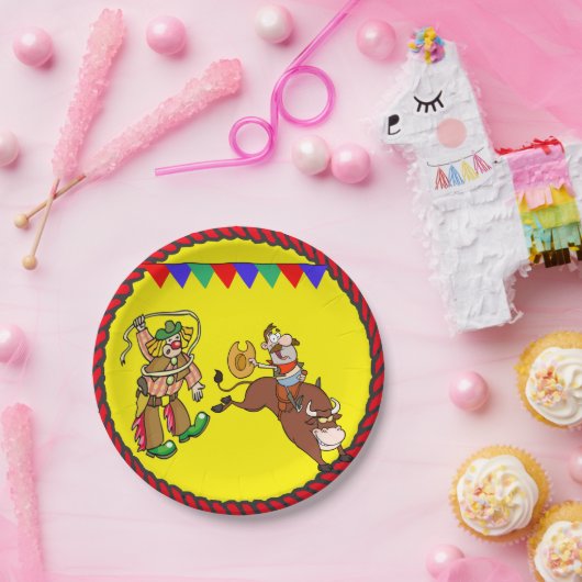 Westerne partij Bull Rider en Rodeo Clown Papieren Bordje (Feest)