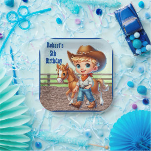 Westerne partij kleine cowboy met paardendouane papieren bordje