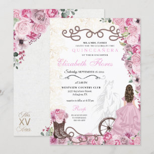 Westerne Pink Princess Floral Charra Quinceañera Kaart