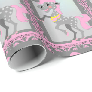 Westerne Polka Dot Cartoon Paardenroze Bandana Cadeaupapier