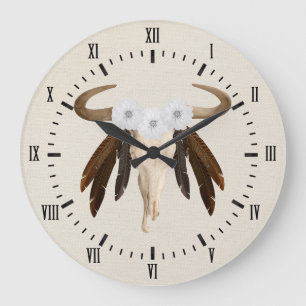 Westerne Prairie Floral Cow Skull Roman Numerals Grote Klok