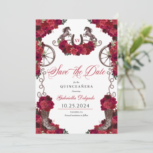 Westerne rode rozen Charro Save De Datum Quinceañe Kaart (Staand voorkant)