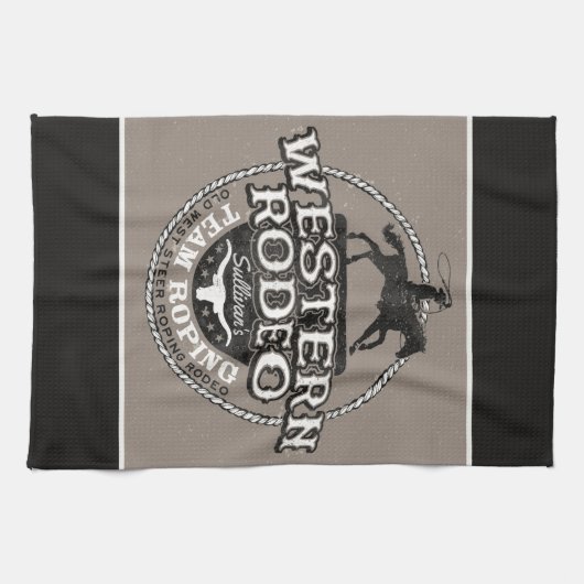 Westerne Rodeo ADD NAME Old West Steer Roping Rope Theedoek (Horizontaal)