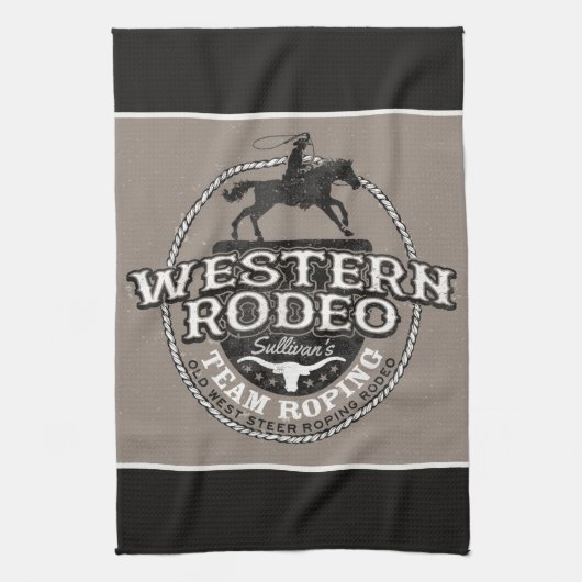 Westerne Rodeo ADD NAME Old West Steer Roping Rope Theedoek (Verticaal)