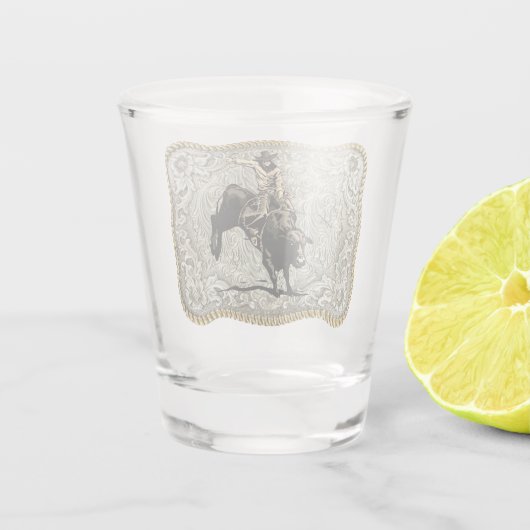 Westerne Rodeo Cowboy Bull Riding Belt Buckle Shot Glas (Achterkant)