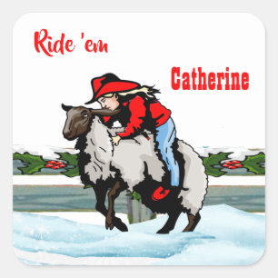 Westerne Rodeo Cowgirl Kind Mutton Buster Kerstmis Vierkante Sticker