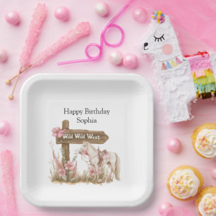Westerne Roze Cowgirl Wild West Horse Verjaardag Papieren Bordje