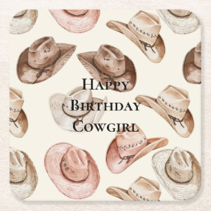 Westerne Roze Crème Cowgirl Petten Verjaardag Vierkante Kartonnen Onderzetter
