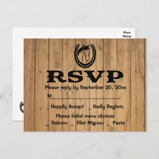 Westerne RSVP Trouwpaard Bruin Hout Land Uitnodiging Briefkaart (Voorkant / Achterkant)