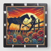 Westerne scène met paard, ruiter, zonsondergang vierkante klok (Voorkant)