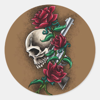 Westerne schedel met rode rozen en revolver pompje ronde sticker