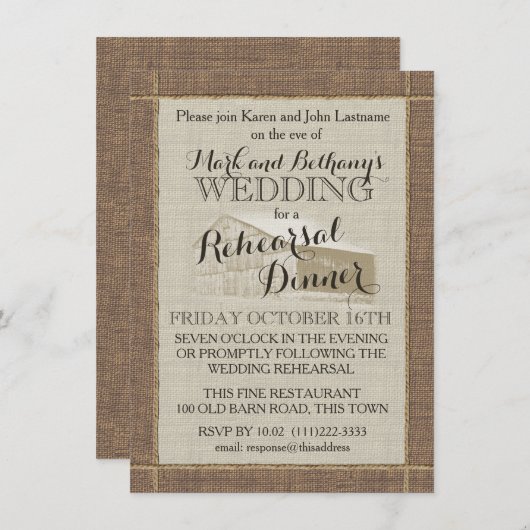 Westerne schuur en Burlap repetitie diner Kaart (Voorkant / Achterkant)