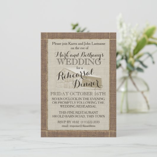 Westerne schuur en Burlap repetitie diner Kaart (Staand voorkant)