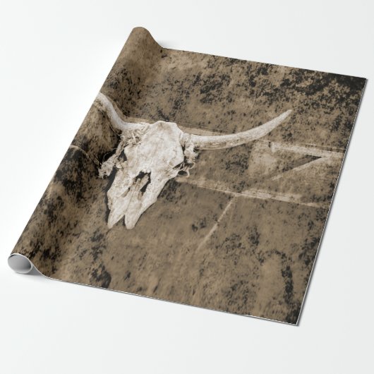 Westerne Sepia Brown Texture Cowboy Bull Skull Cadeaupapier (Uitgerold)