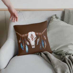 Westerne Steer Skull en Feathers Kussen