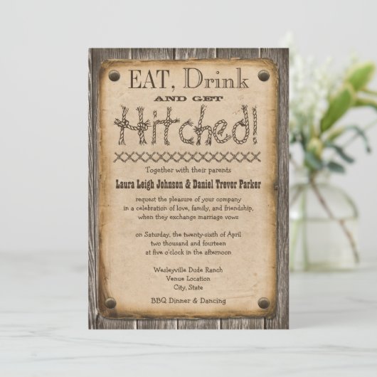 Westerne stijlvol eten, Drink en gehitte bruiloft Kaart (Staand voorkant)