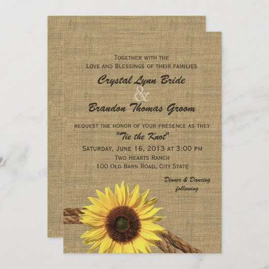Westerne Touw en Zonnebloem bruiloft Kaart (Voorkant / Achterkant)