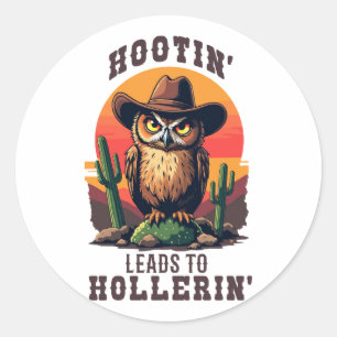 Westerne uil cowboy hootin leidt naar hollerin ronde sticker