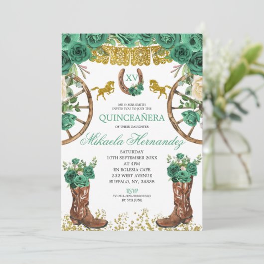 Westerne uitnodiging van Emerald Green Charra Quin (Staand voorkant)