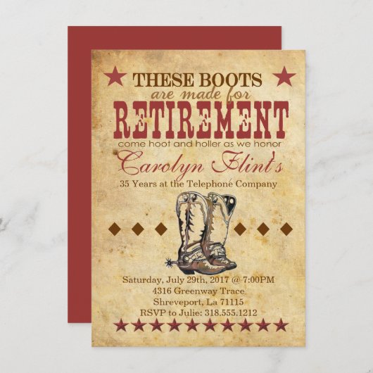 Westerne Uitnodiging voor Pensioen – Cowboy Boots (Voorkant / Achterkant)
