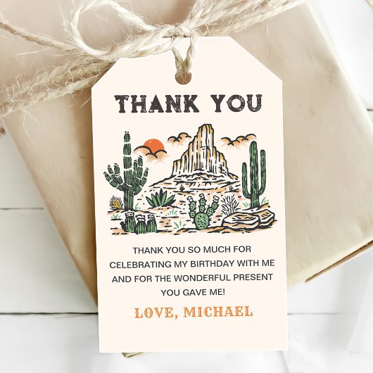 Westerne woestijnrodeo 1e verjaardag cadeaulabel