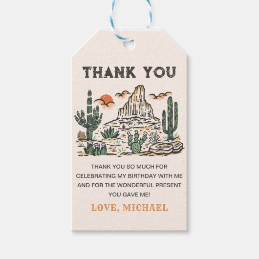 Westerne woestijnrodeo 1e verjaardag cadeaulabel (Voorkant)